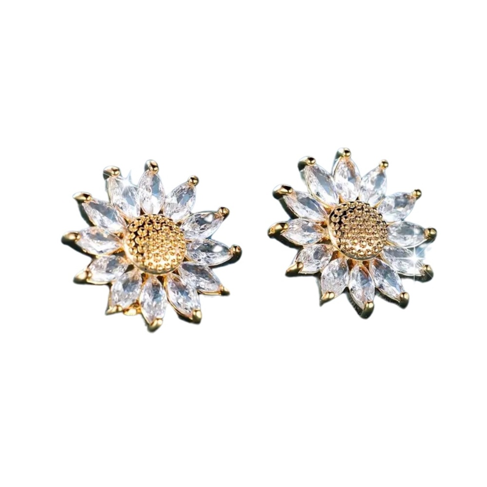 Vintage Style Sunflower Stud Earrings Yellow White Gold